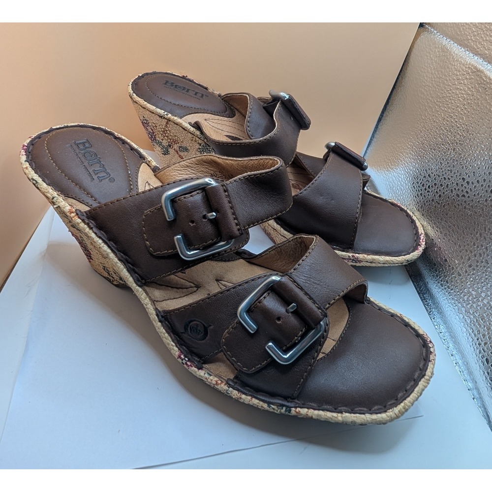 Born Leather Wedge Sandal Platform Floral Heel Size 9
